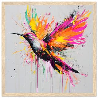 Explosive Neon Hummingbird In Flight Art Print Light Wood Frame