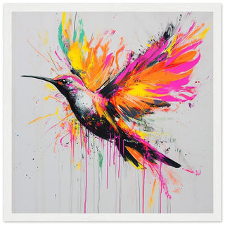 Explosive Neon Hummingbird In Flight Art Print White Frame