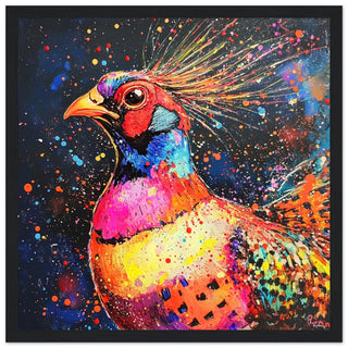 Explosive Neon Pheasant Art Print Black Frame