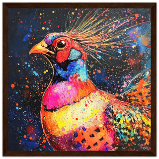Explosive Neon Pheasant Art Print Dark Wood Frame