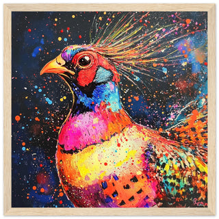 Explosive Neon Pheasant Art Print Light Wood Frame