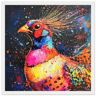 Explosive Neon Pheasant Art Print White Frame