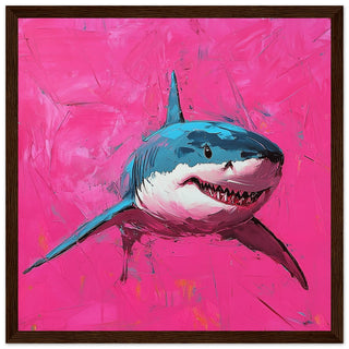 Great White Shark in Vibrant Pink Oil Painting Art Print Dark Wood Frame