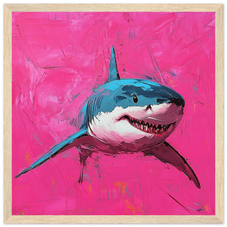 Great White Shark in Vibrant Pink Oil Painting Art Print Light Wood Frame