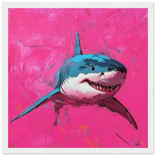 Great White Shark in Vibrant Pink Oil Painting Art Print White Frame