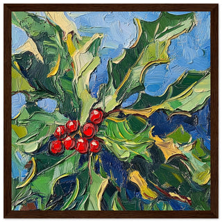 Holly with Crimson Berries Art Print Dark Wood Frame