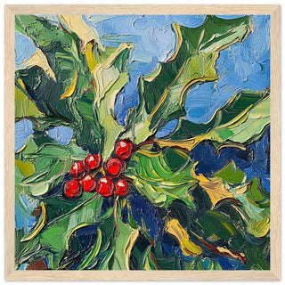 Holly with Crimson Berries Art Print Light Wood Frame