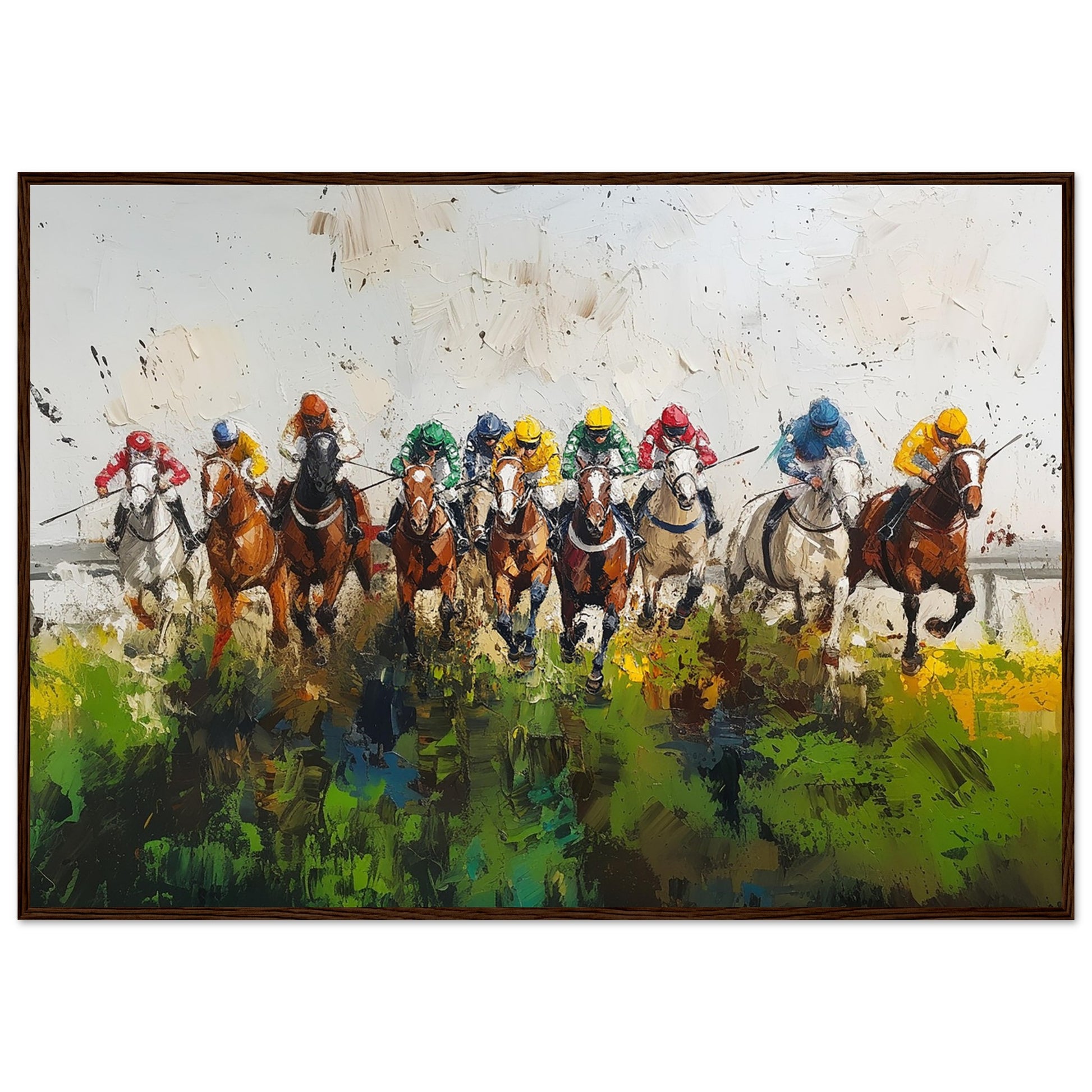 Horses Racing at Cheltenham Large Art Print Dark Wood Frame