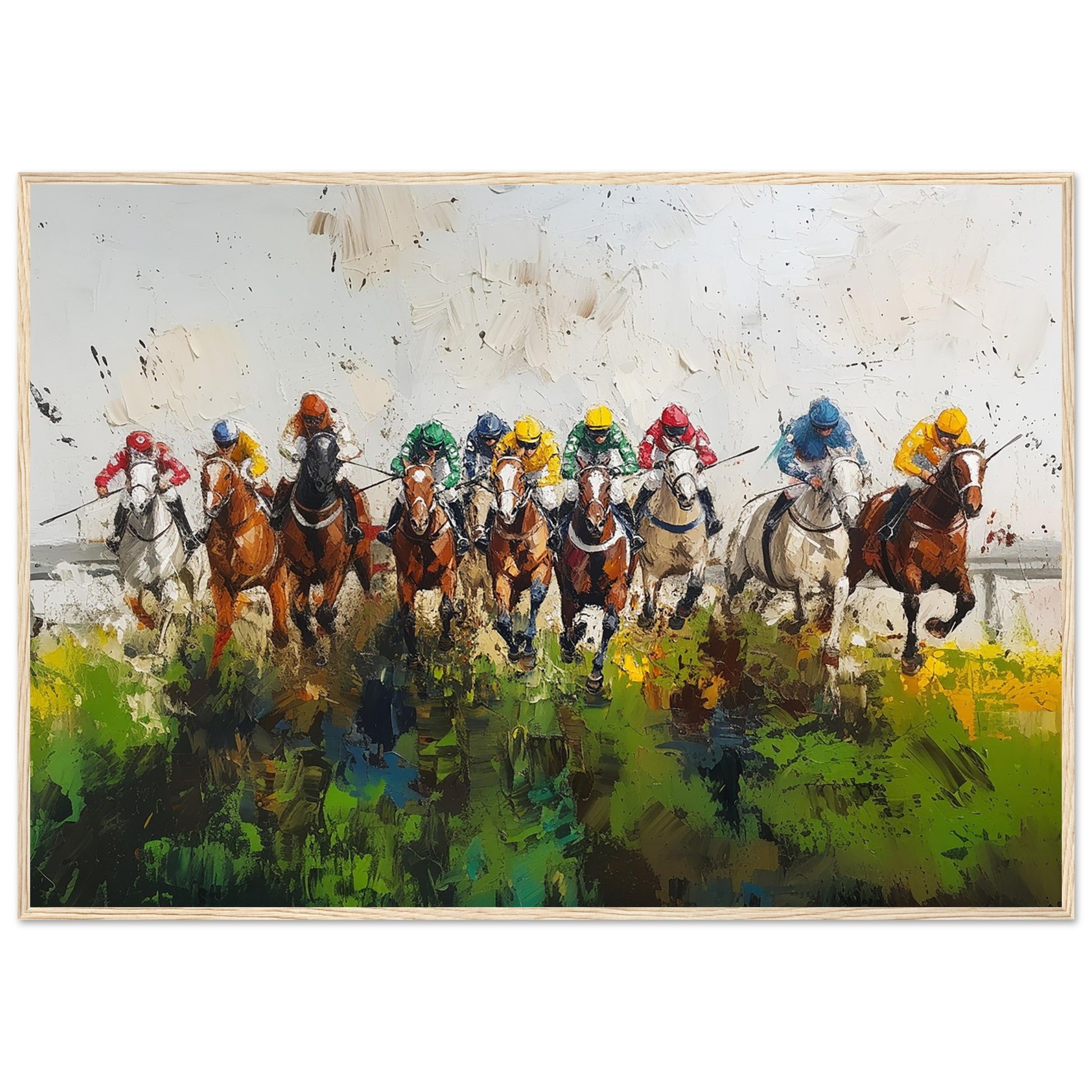 Horses Racing at Cheltenham Large Art Print Light Wood Frame