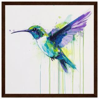 Hummingbird in Flight - A Burst of Colour and Grace Art Print Dark Wood Frame
