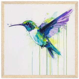 Hummingbird in Flight - A Burst of Colour and Grace Art Print Light Wood Frame