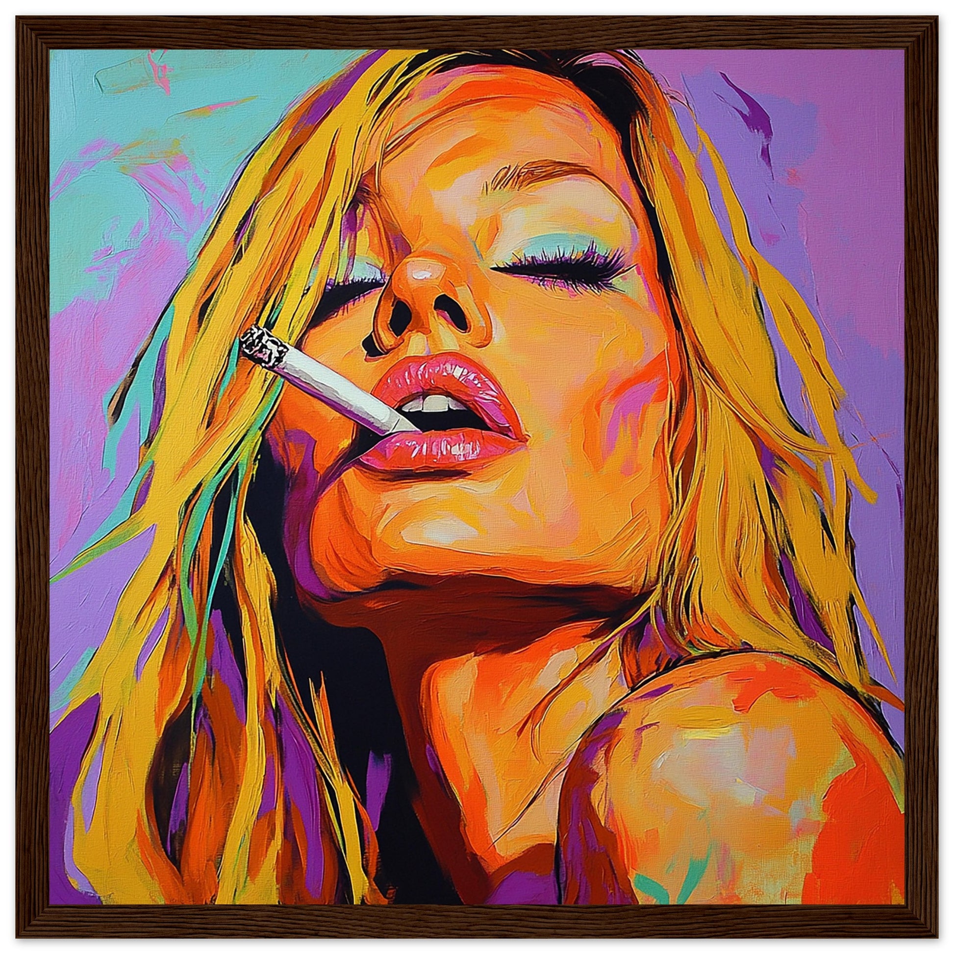 Kate Moss Smoking Pop Art Art Print Dark Wood Frame