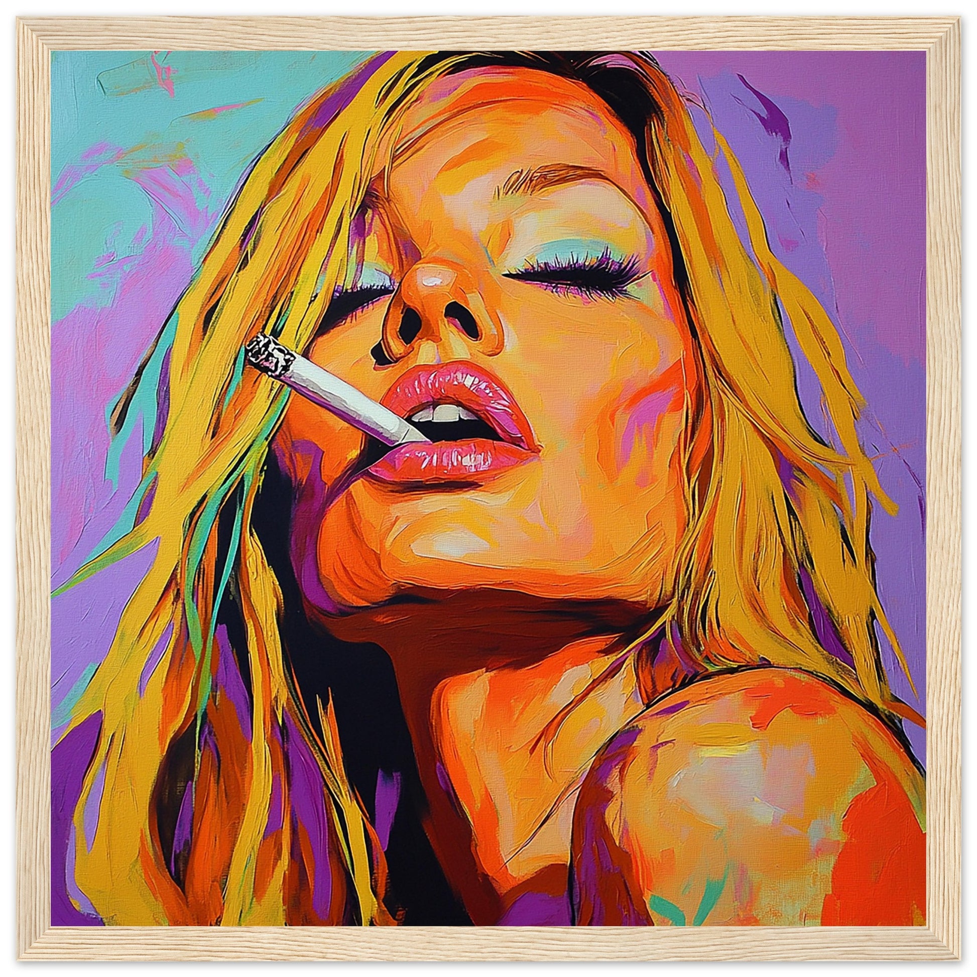 Kate Moss Smoking Pop Art Art Print Light Wood Frame