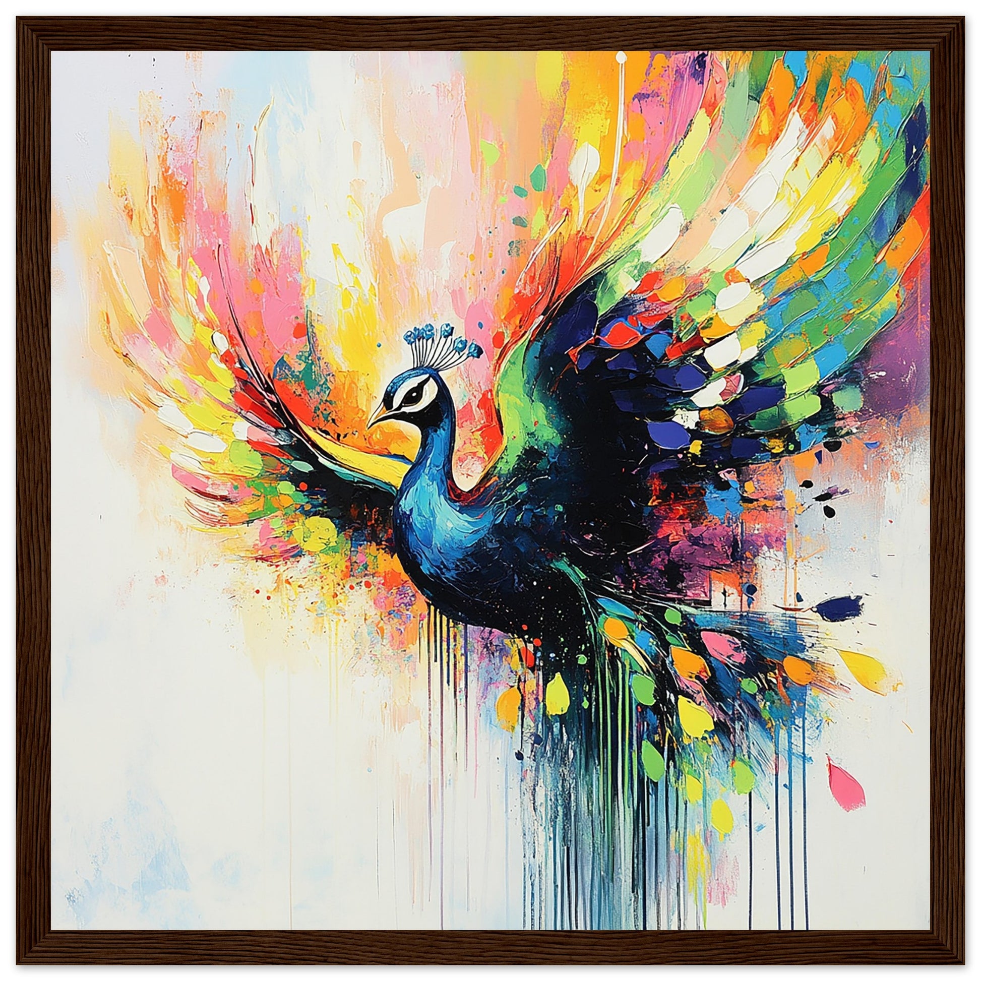 Majestic Neon Peacock Art Print Dark Wood Frame