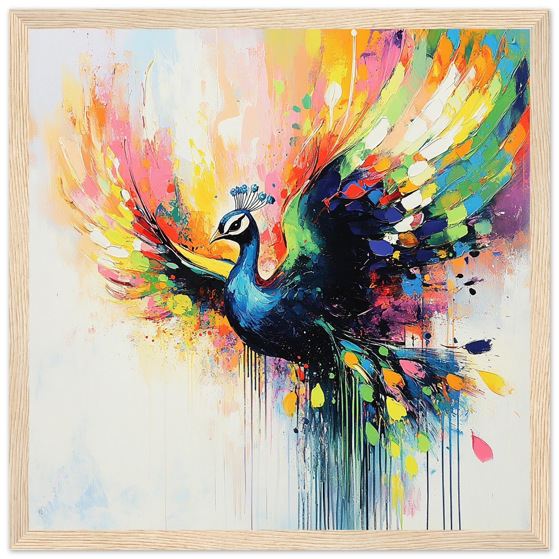 Majestic Neon Peacock Art Print Light Wood Frame