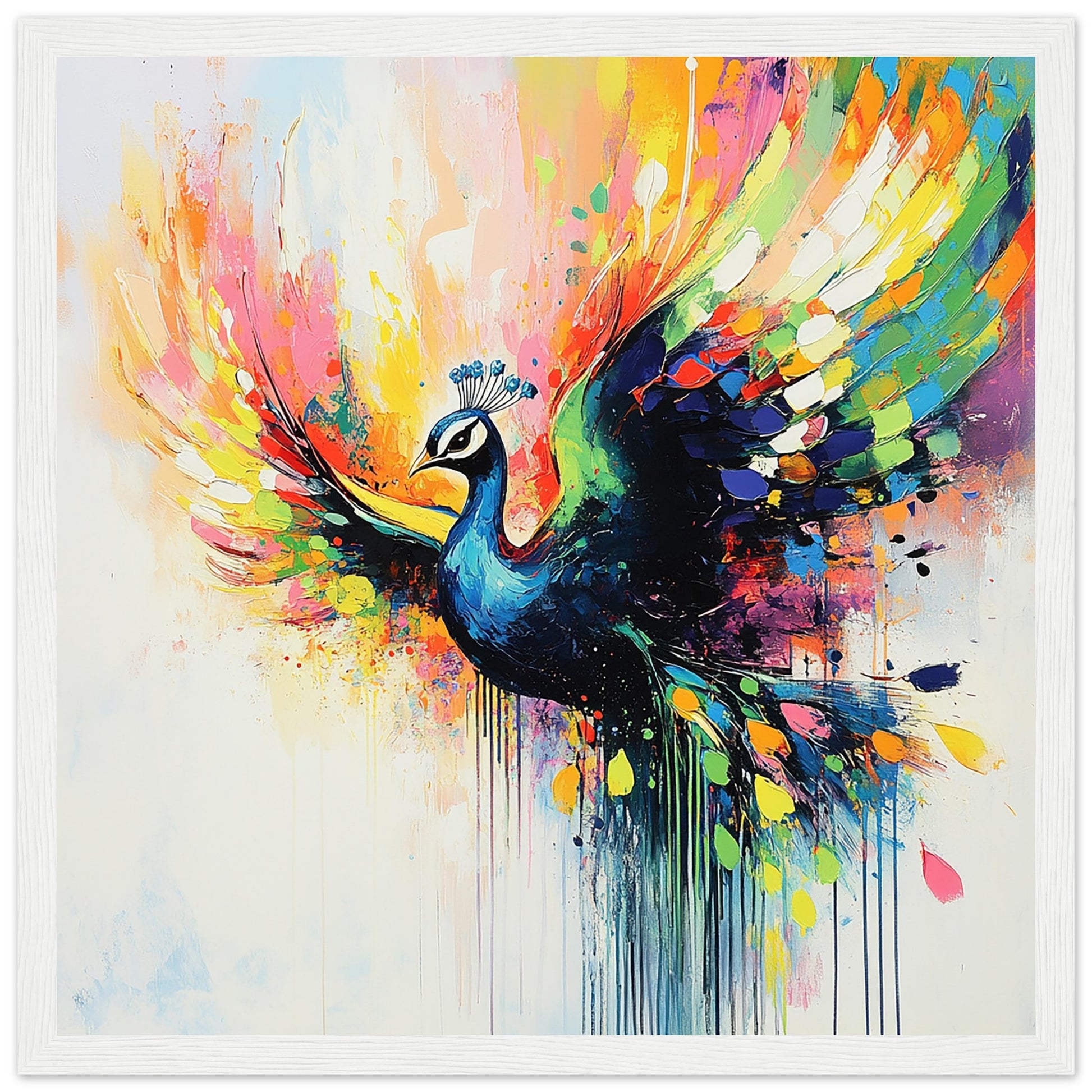 Majestic Neon Peacock Art Print White Frame