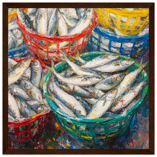 Market of the Seas - A Splash of Baskets and Bounty Art Print Dark Wood Frame