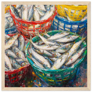 Market of the Seas - A Splash of Baskets and Bounty Art Print Light Wood Frame