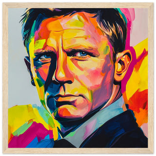 Modern Pop Art Portrait of Daniel Craig - A Bold Tribute to Bond Art Print Light Wood Frame