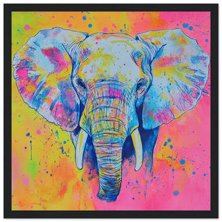 Neon Elephant Watercolour Over Vibrant Background Art Print Black Frame