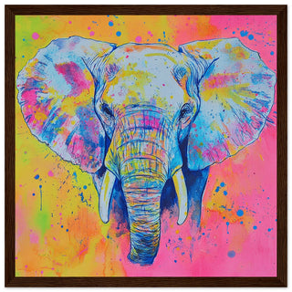 Neon Elephant Watercolour Over Vibrant Background Art Print Dark Wood Frame