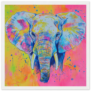 Neon Elephant Watercolour Over Vibrant Background Art Print White Frame