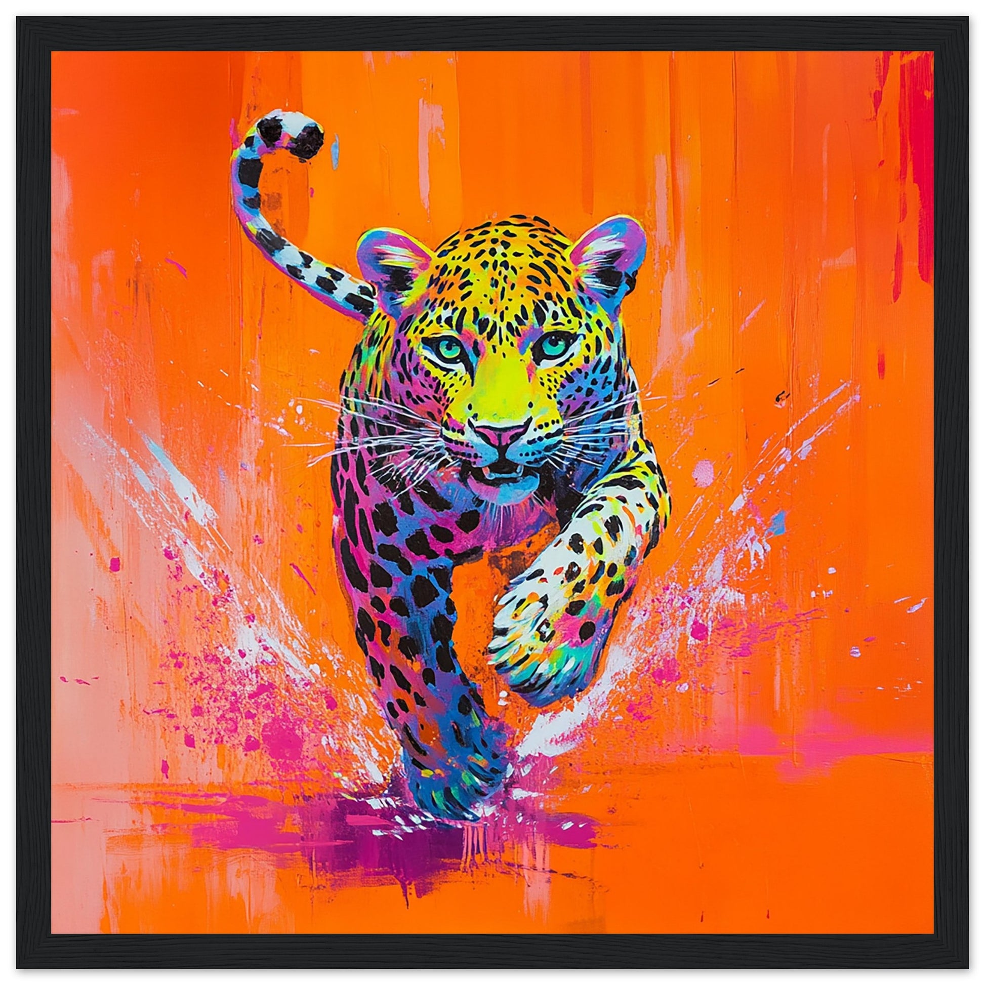 Neon Leopard in Action Art Print Black Frame