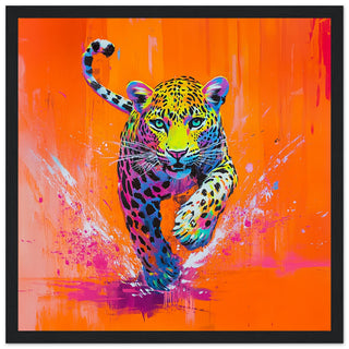 Neon Leopard in Action Art Print Black Frame