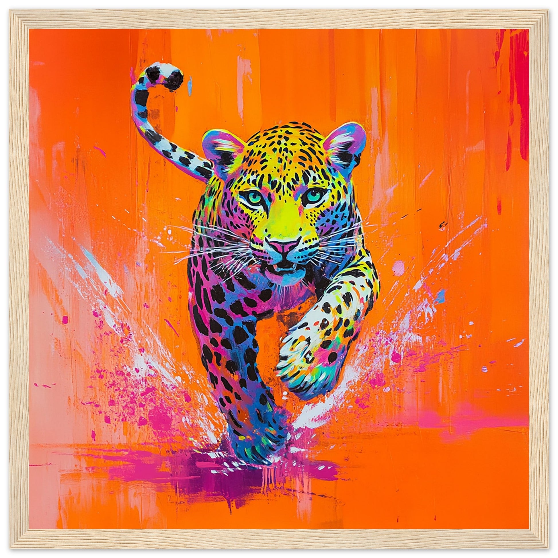 Neon Leopard in Action Art Print Light Wood Frame