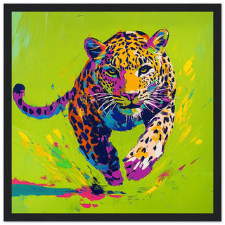 Neon Leopard in Motion Large Art Print Black Frame