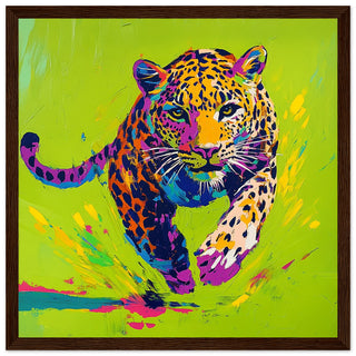 Neon Leopard in Motion Large Art Print Dark Wood Frame