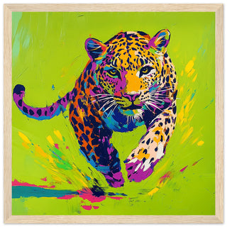 Neon Leopard in Motion Large Art Print Light Wood Frame