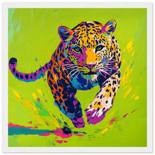 Neon Leopard in Motion Large Art Print White Frame