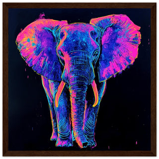 Neon Majesty - Vibrant Elephant in Radiant Colours Art Print Dark Wood Frame