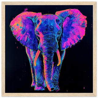 Neon Majesty - Vibrant Elephant in Radiant Colours Art Print Light Wood Frame