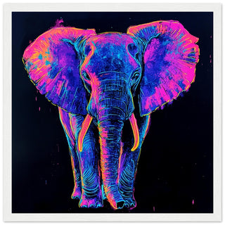 Neon Majesty - Vibrant Elephant in Radiant Colours Art Print White Frame