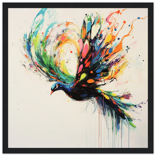 Neon Peacock In Flight Art Print Black Frame
