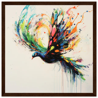 Neon Peacock In Flight Art Print Dark Wood Frame