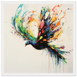 Neon Peacock In Flight Art Print White Frame