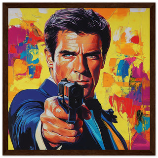 Pierce Brosnan Pop Art Portrait - Bond Style Art Print Dark Wood Frame