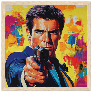 Pierce Brosnan Pop Art Portrait - Bond Style Art Print Light Wood Frame