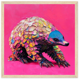 Pretty in Scales - The Neon Pangolin Art Print Light Wood Frame