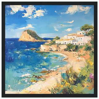 Radiant Summer Shores of Ibiza - Coastal Serenity Art Print Black Frame