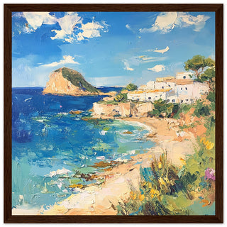 Radiant Summer Shores of Ibiza - Coastal Serenity Art Print Dark Wood Frame