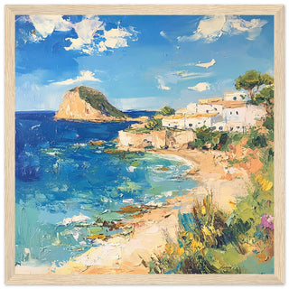 Radiant Summer Shores of Ibiza - Coastal Serenity Art Print Light Wood Frame