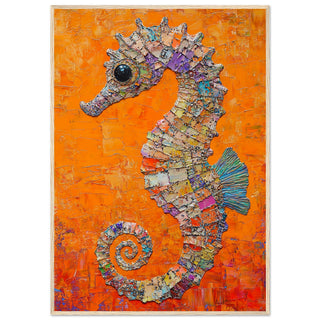 Seahorse Artwork in Textured Mixed Media Art Print Light Wood Frame