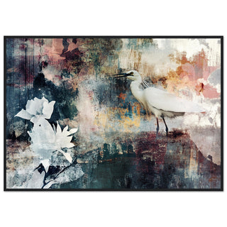 Serene Egret and Abstract Floral Harmony Black Wood Framed Art Print