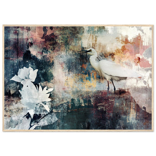 Serene Egret and Abstract Floral Harmony Light Wood Framed Art Print