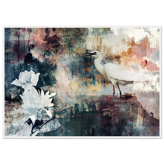 Serene Egret and Abstract Floral Harmony White Wood Framed Art Print