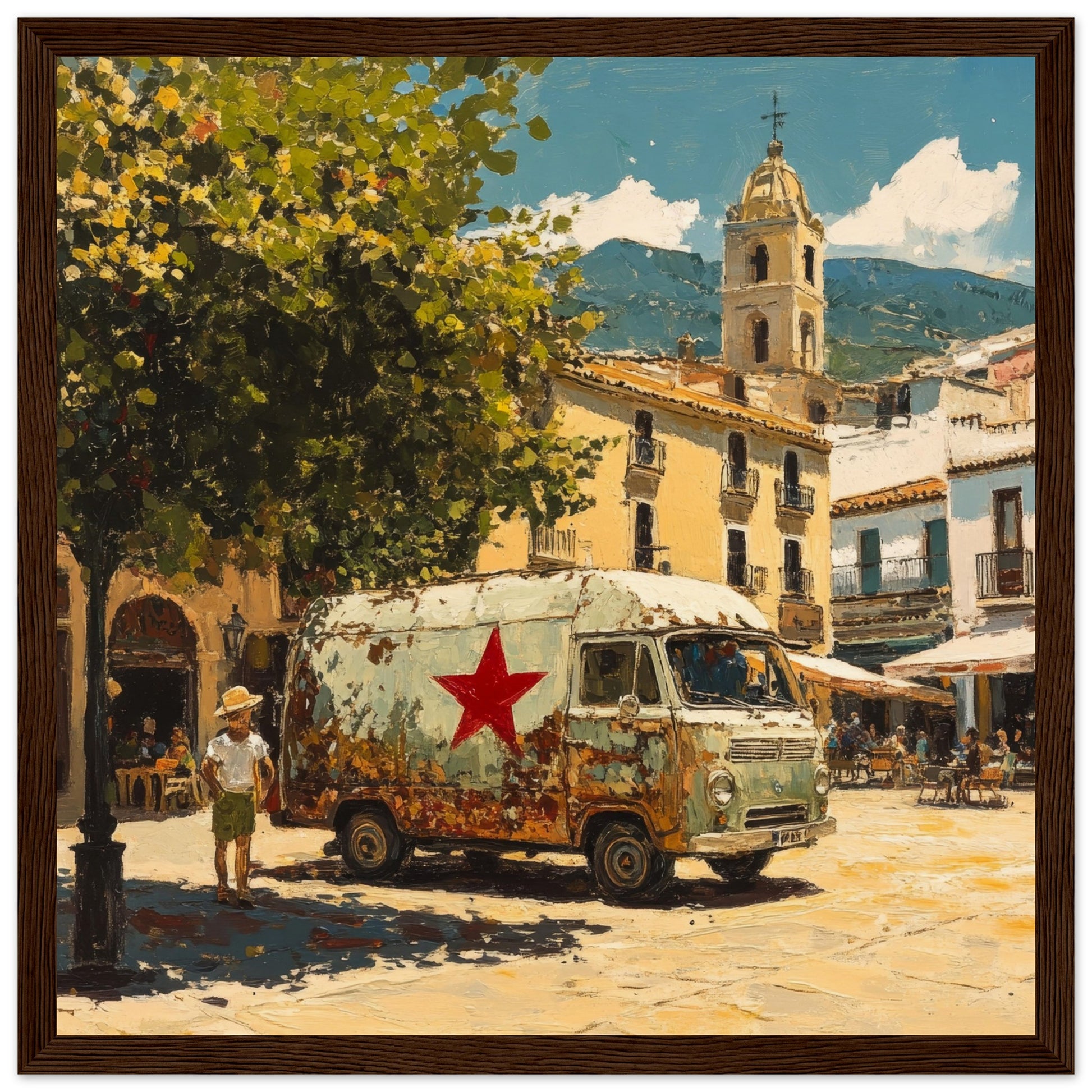 Siesta in the Square: The Old Estrella Van Brown Wooden Frame